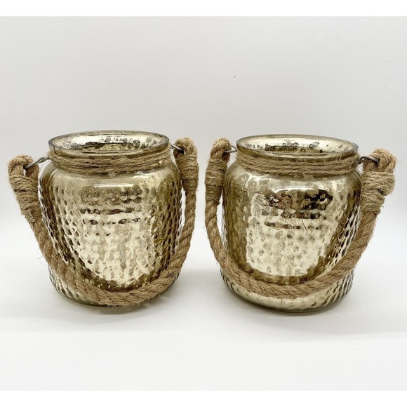 Glass Decorative Rope Handle Jar Tea light Candle Holder Gold in Color Mercury - Picture 1 of 9
